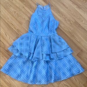 Belle Badgley Mischka Blue Plaid Halter Ruffled Dress Size Party Cocktail Size 2